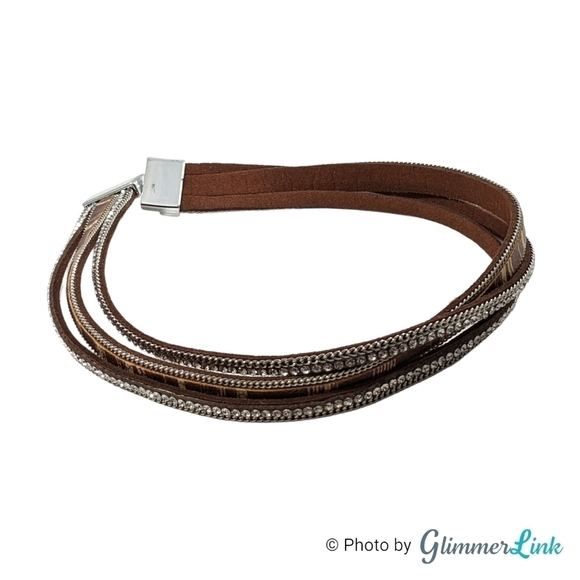 Brown Multi Strand Faux Leather Rhinestones Wrap Bracelet Magnetic Clasp - Picture 8 of 9